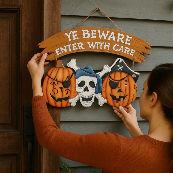 Halloween Wood Wall Hanging Handmade Pumpkin Pirate Skull Art Hobbyist 16" x 11" - Picture 1 of 10